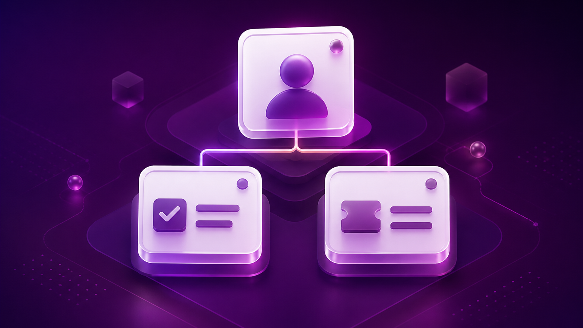 Editorial illustration of a client card linked to task and ticket cards.