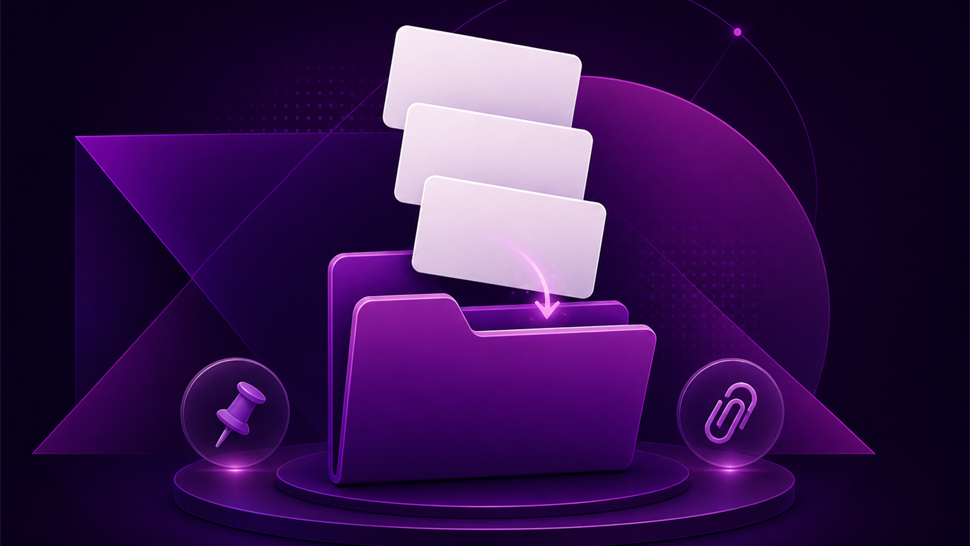 Editorial illustration of stacked note cards being organized into a folder, representing client notes and folders.