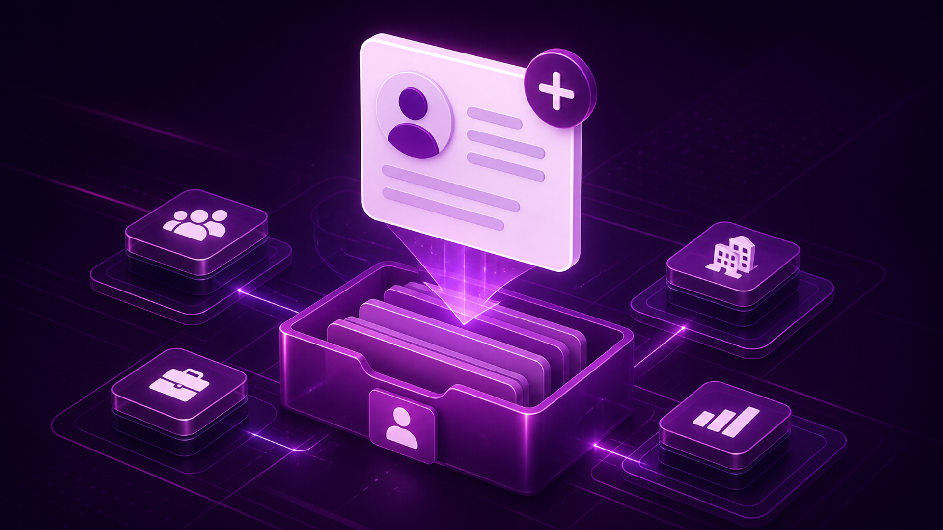 Editorial illustration of a client profile card being added to a folder, representing creating a new client record.
