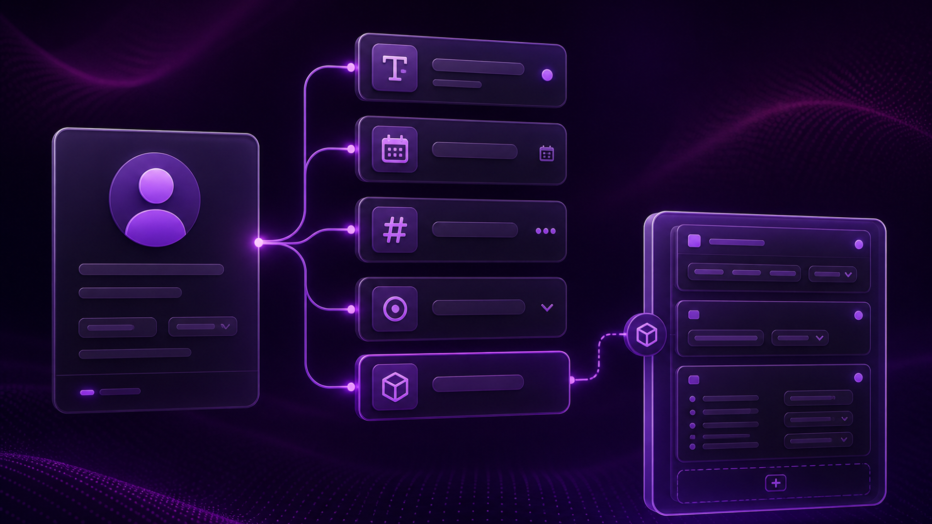 Editorial illustration of a client profile card connected to custom field types and a configuration panel.
