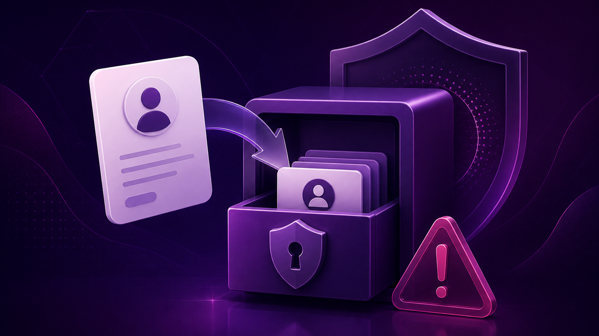 Editorial illustration of a client record leaving an active workspace box toward secure storage, with a warning marker representing a high-risk delete action.