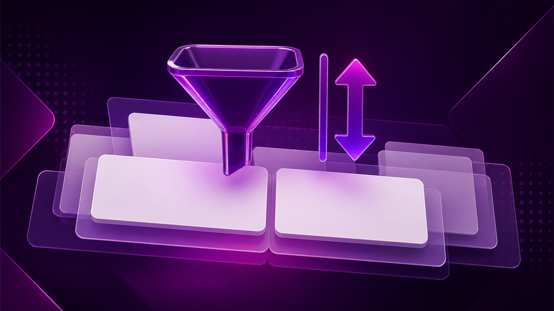 Editorial illustration of funnel and sort motifs over blank data cards.