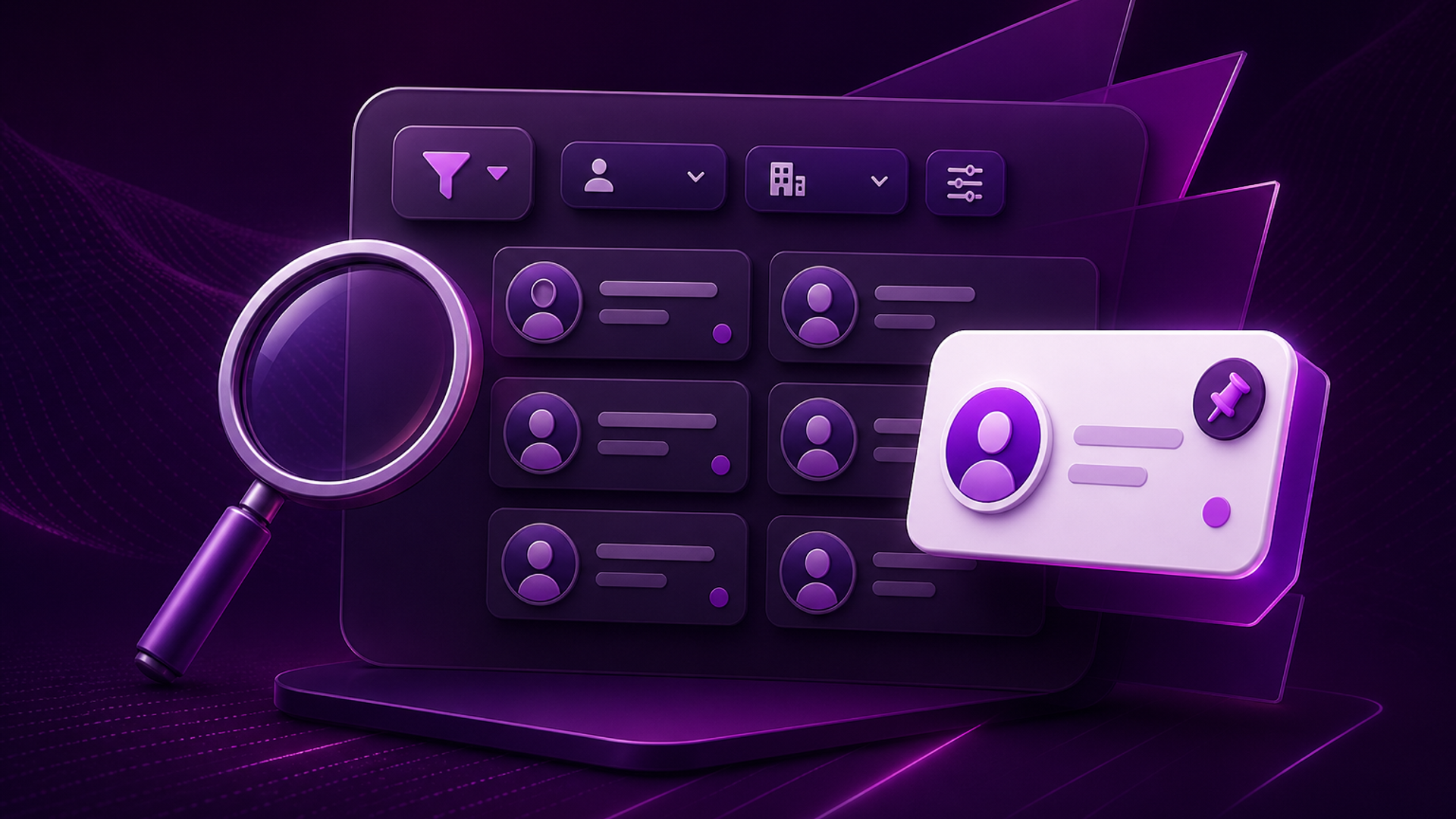 Editorial illustration of search, filters, column layout, and pinned client cards on a client roster grid.