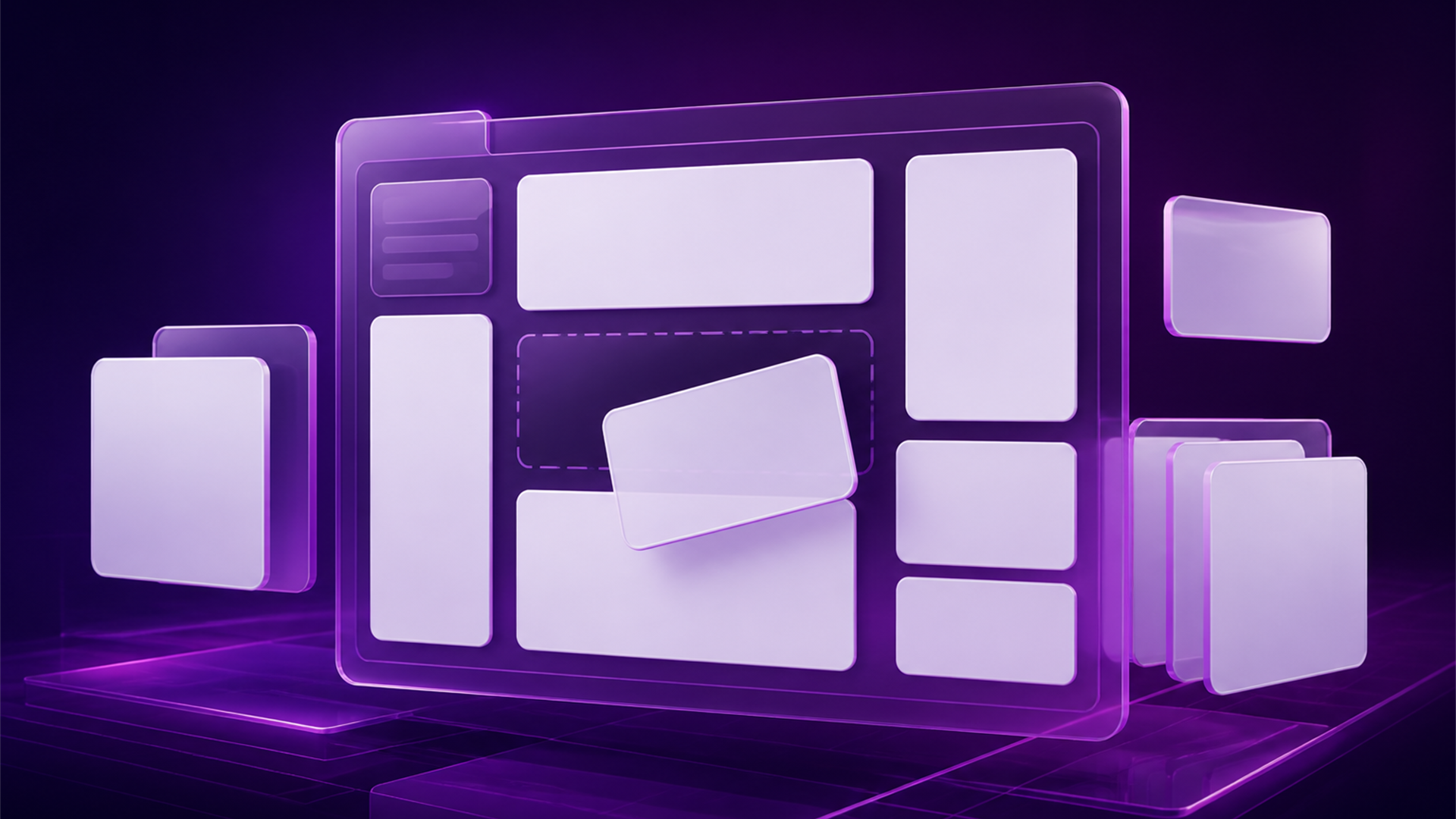 Editorial illustration of a library of dashboard cards being arranged.