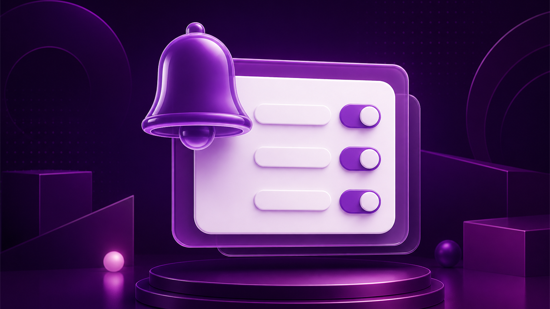 Editorial illustration of a notification bell with blank preference toggles.