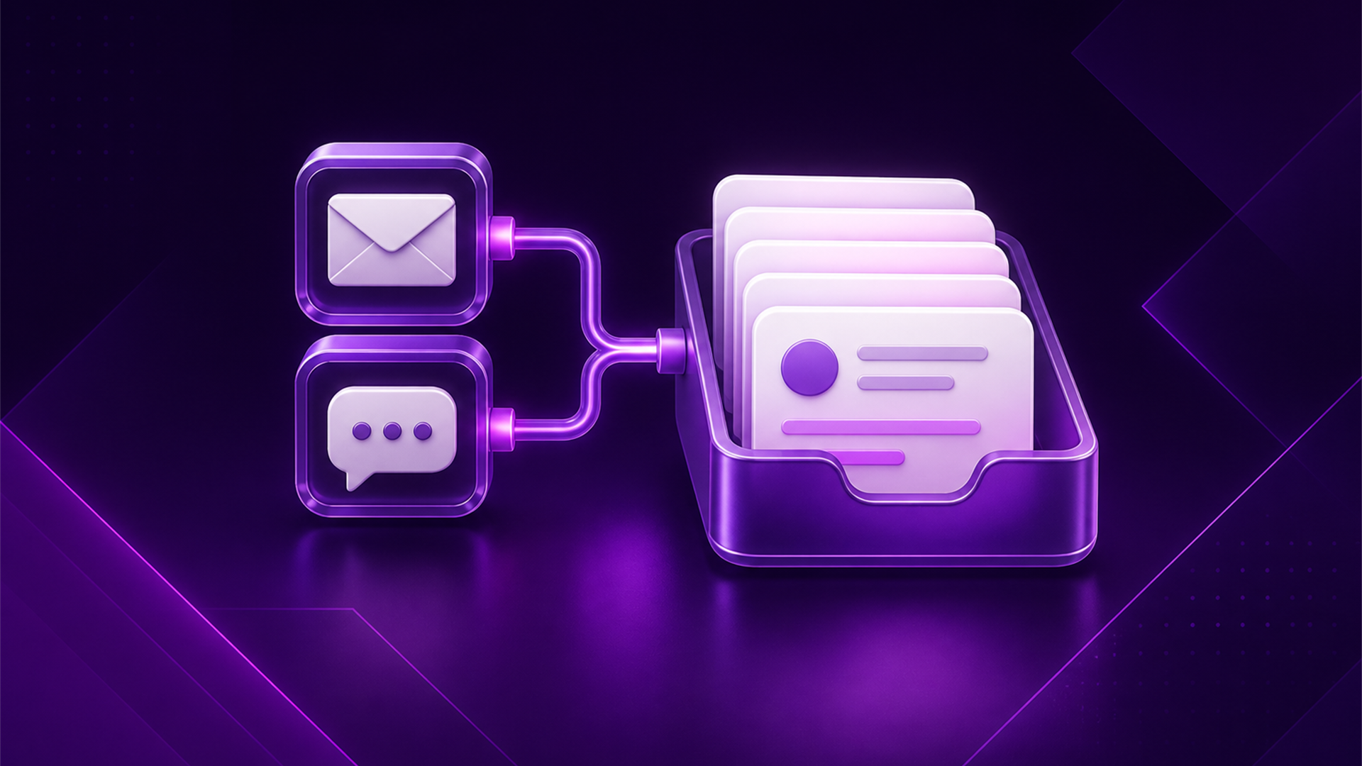 Editorial illustration of a message channel connecting into a ticket inbox.