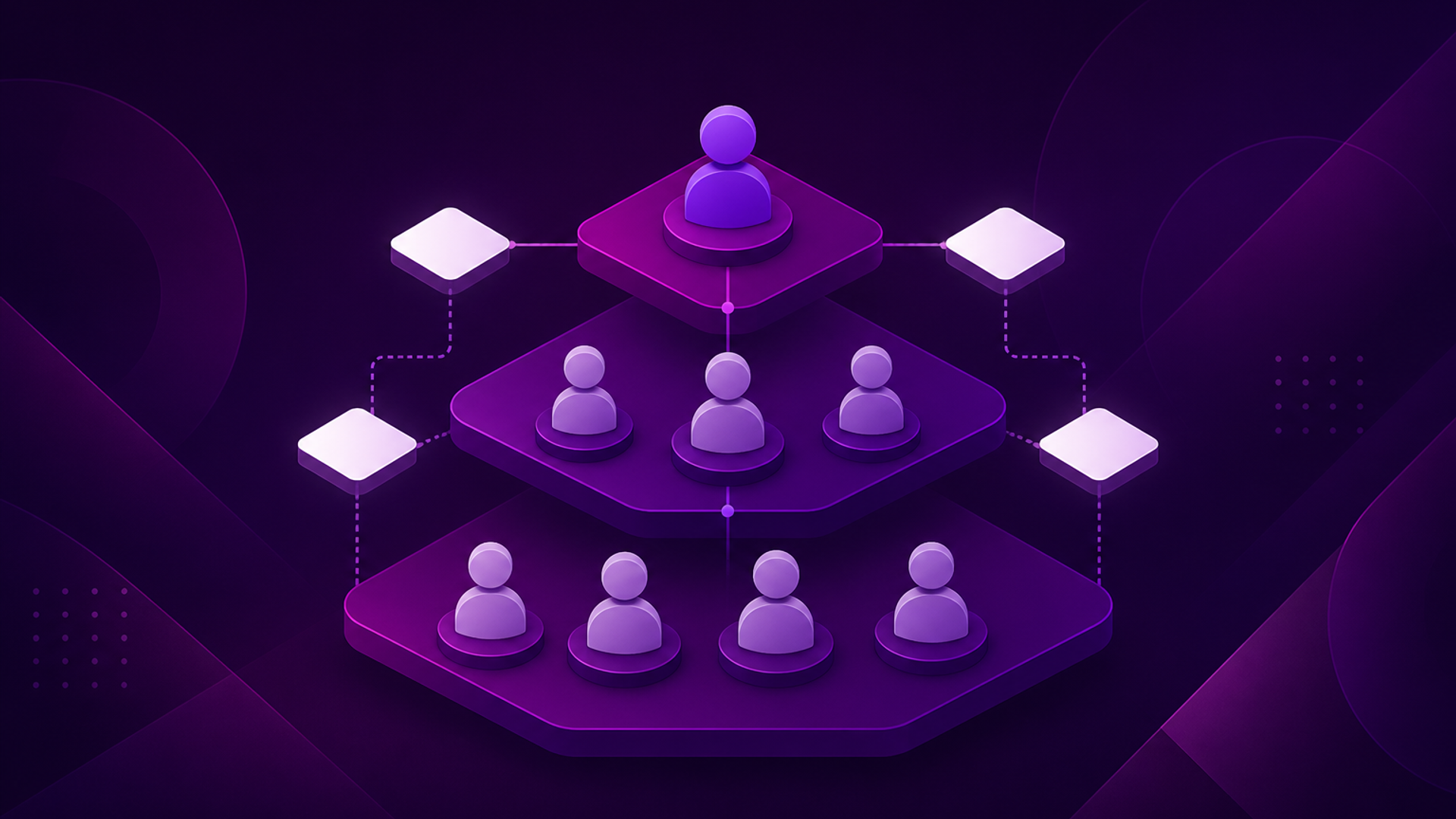 Editorial illustration of stacked team layers connected by a permission lattice.