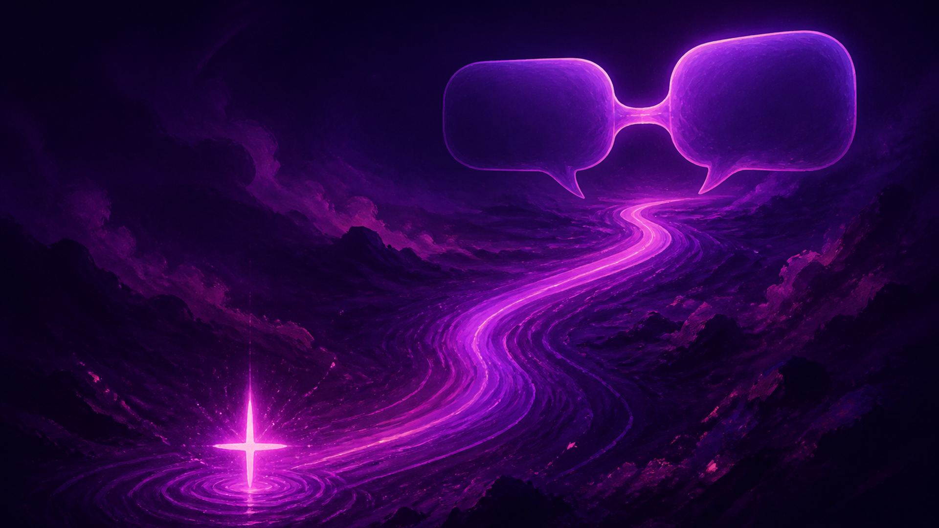 Editorial illustration of a glowing plus spark opening a path toward connected speech bubbles.