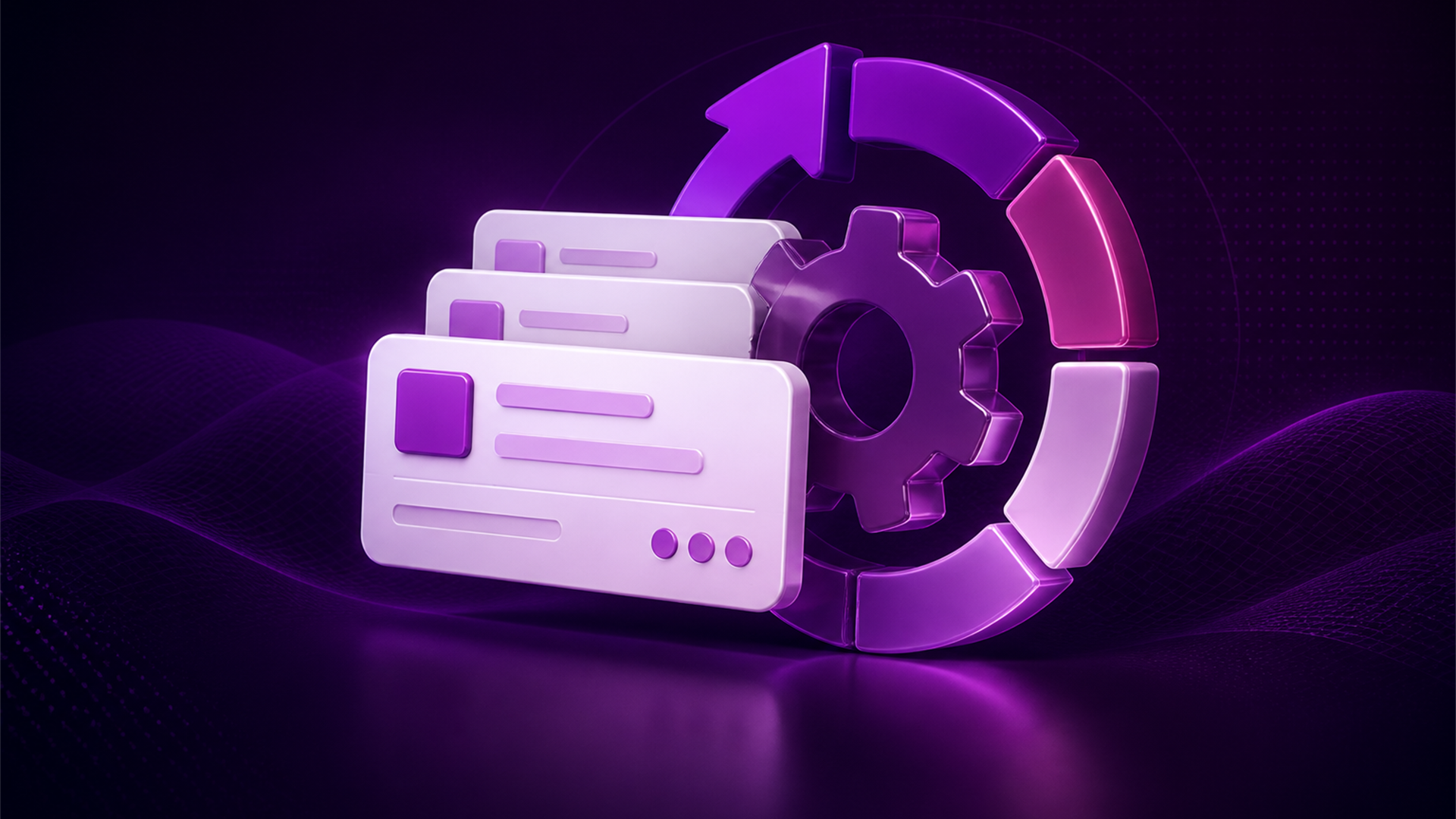 Editorial illustration of ticket cards beside a gear and lifecycle ring.