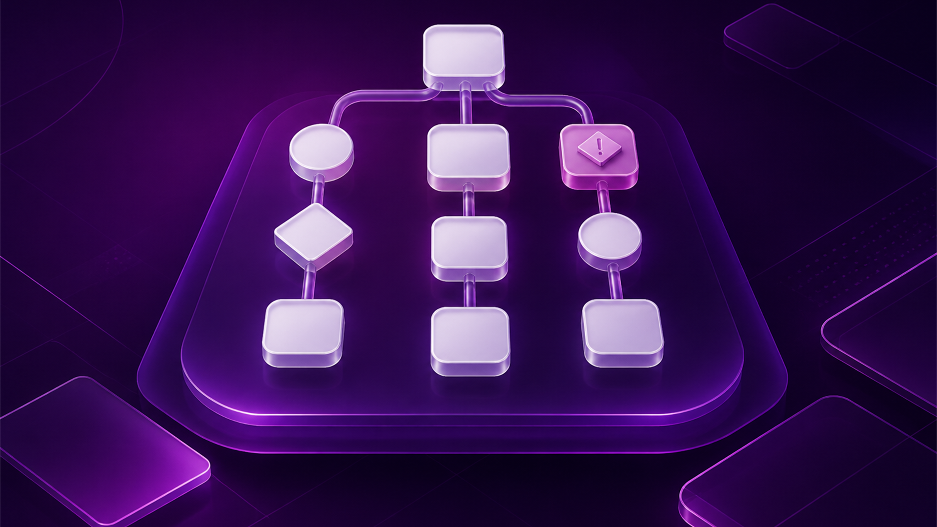 Editorial illustration of an automation graph with one warned node.