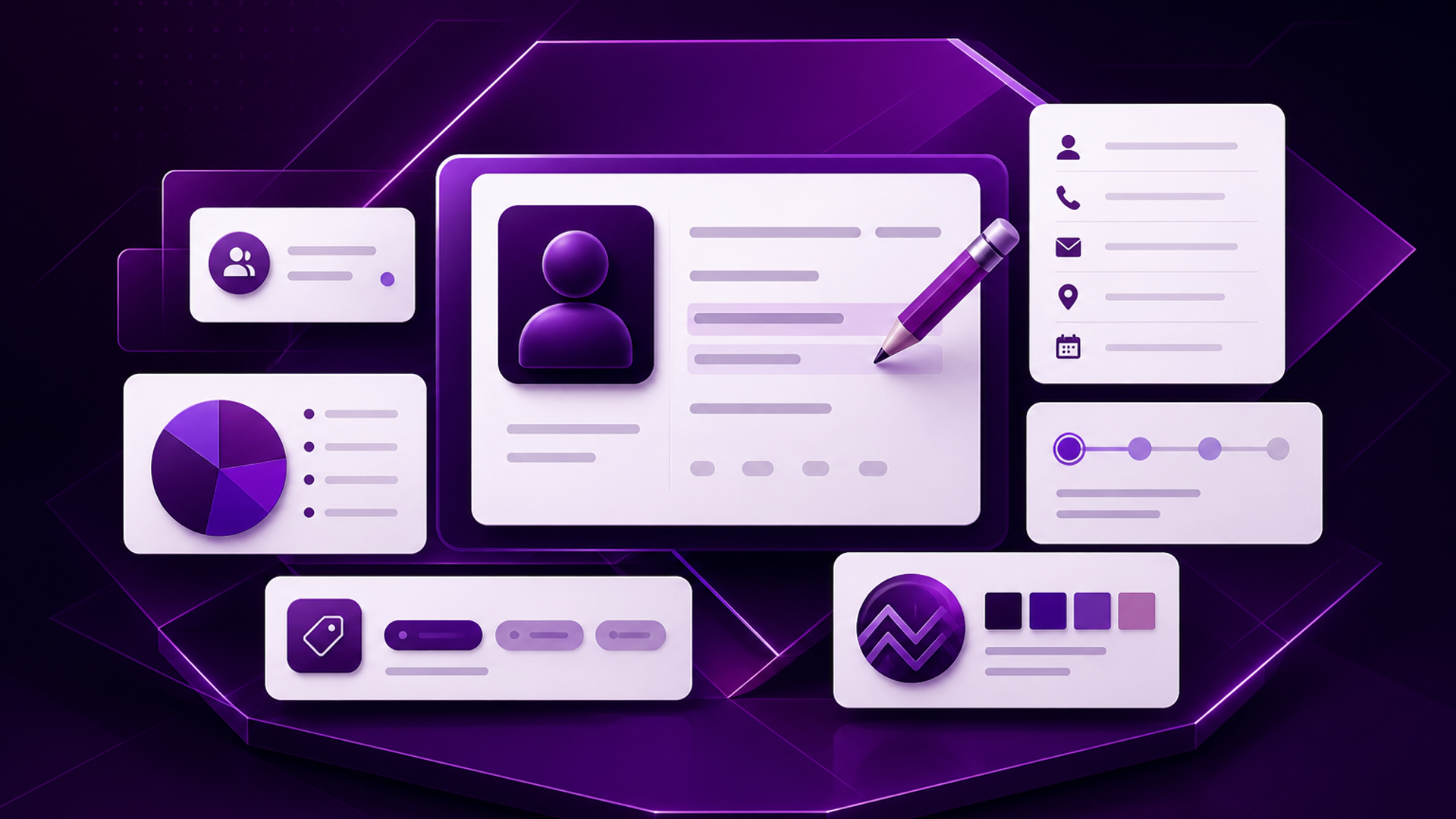 Editorial illustration of a client record card with editable fields, tags, branding, and profile settings.