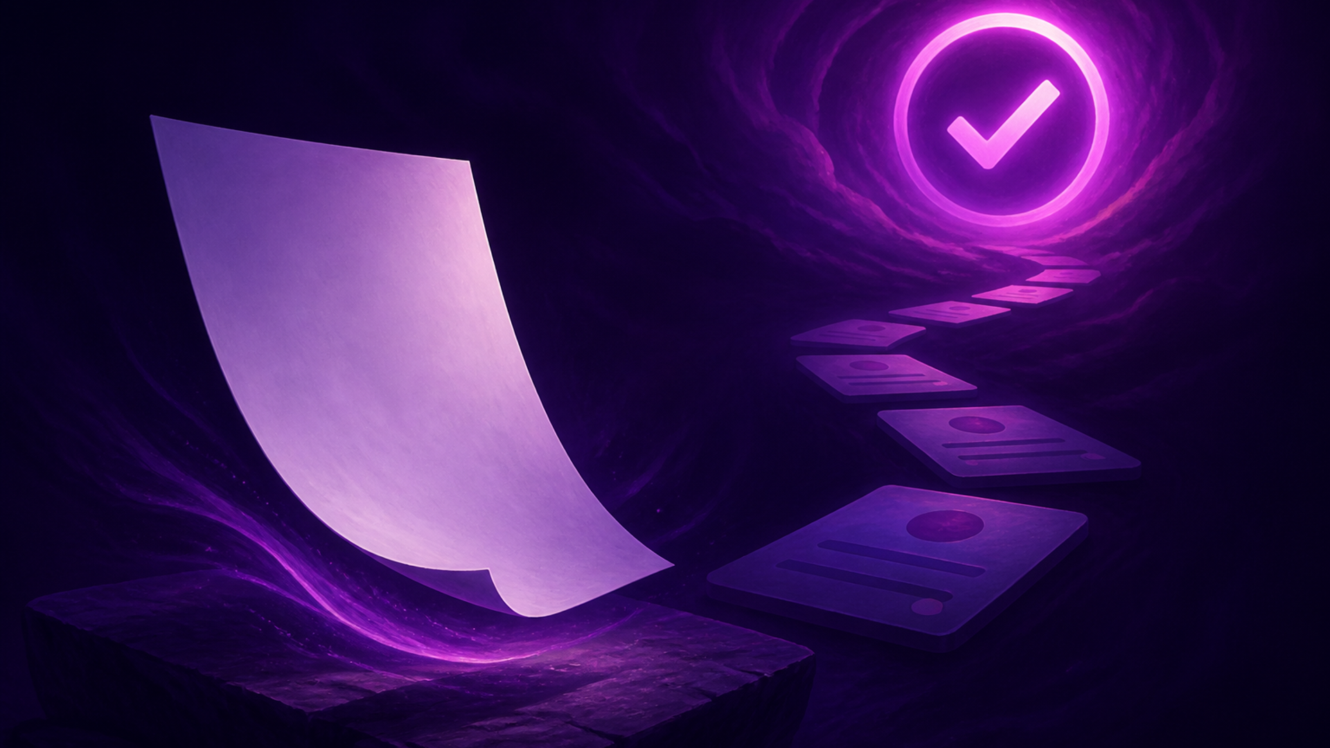 Editorial illustration of a blank procedure card being lifted toward a glowing check ring.