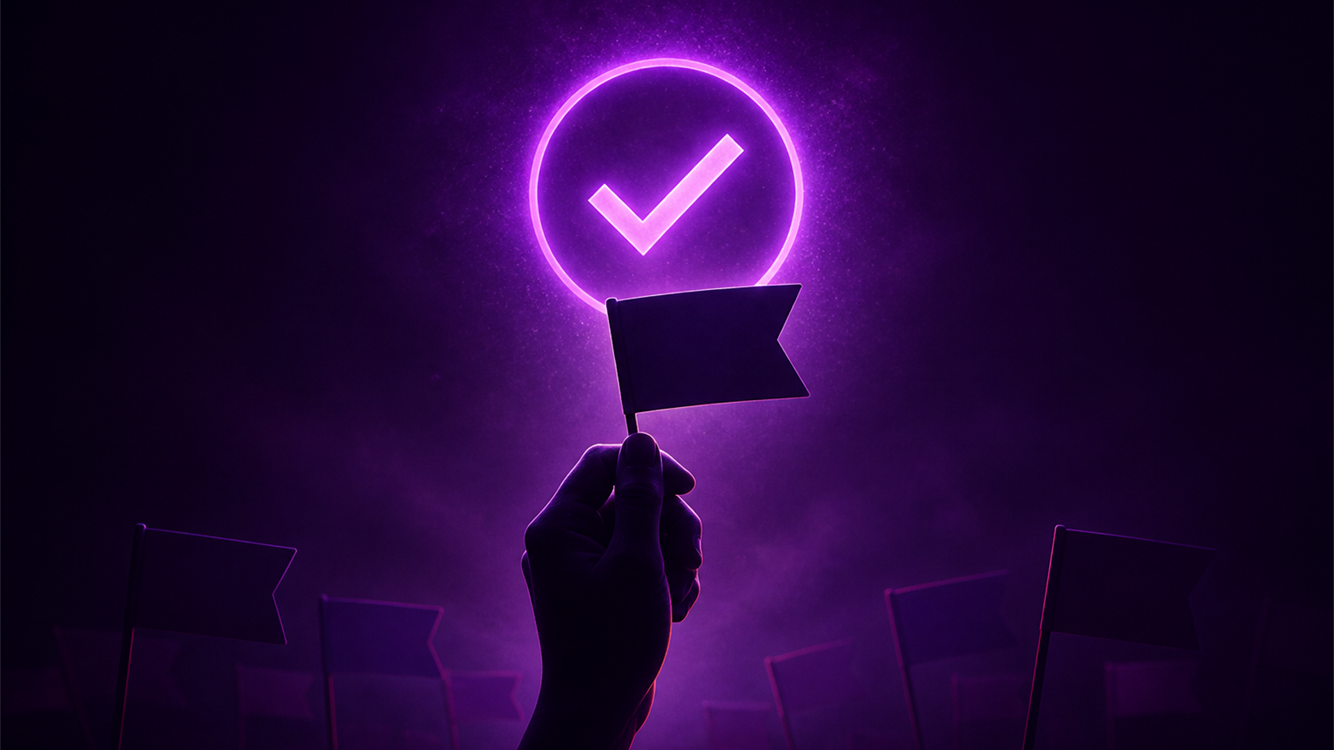 Editorial illustration of a blank flagged card being lifted toward a glowing check ring.
