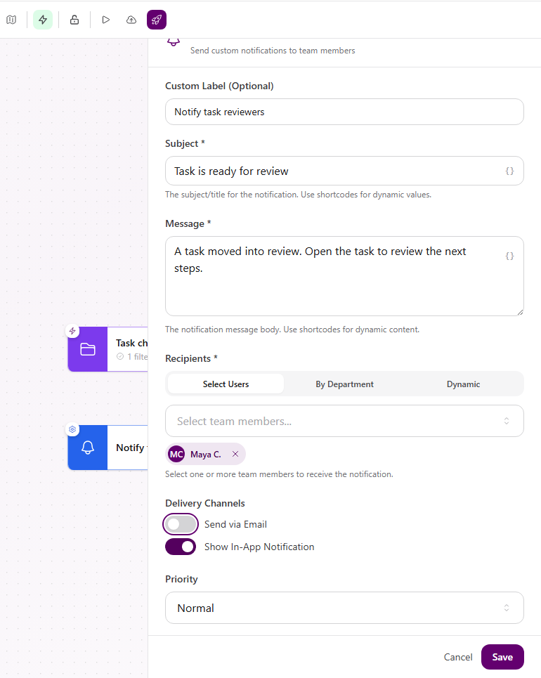 Send Notification action configuration with a custom label, subject, message, selected team member, and in-app delivery enabled