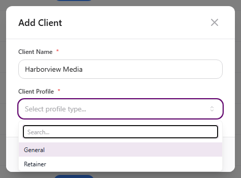 Add Client modal with Client Profile dropdown open listing available profile types