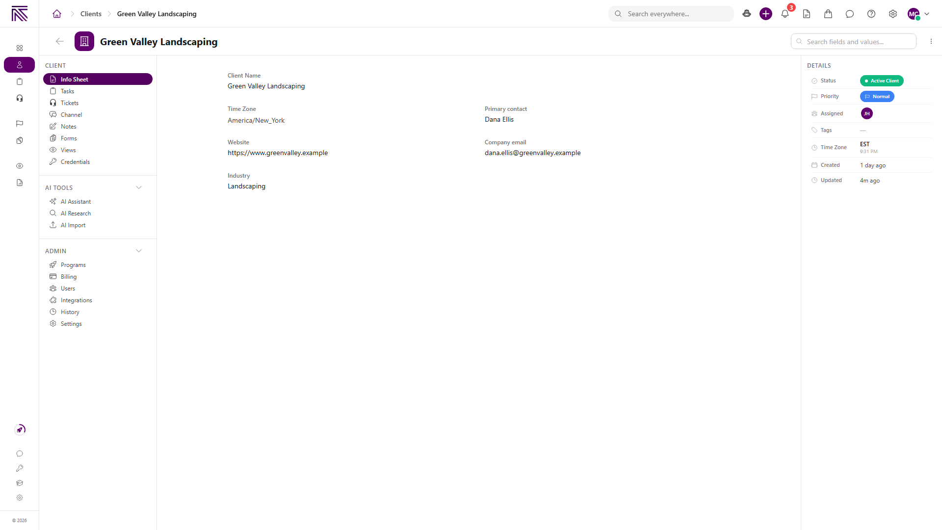 Client record with Info Sheet selected, Tasks, Tickets, Notes, and Programs navigation, status and priority in the header, details rail, and profile sections