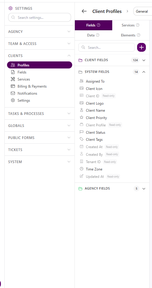 Client Profile builder Fields palette showing CLIENT FIELDS, SYSTEM FIELDS with some Read-only labels, and AGENCY FIELDS