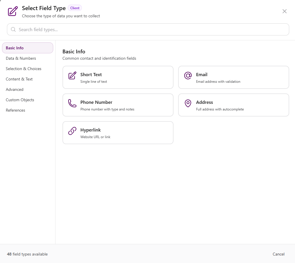 Select Field Type modal with Basic Info selected showing Short Text, Email, Phone Number, Address, and Hyperlink
