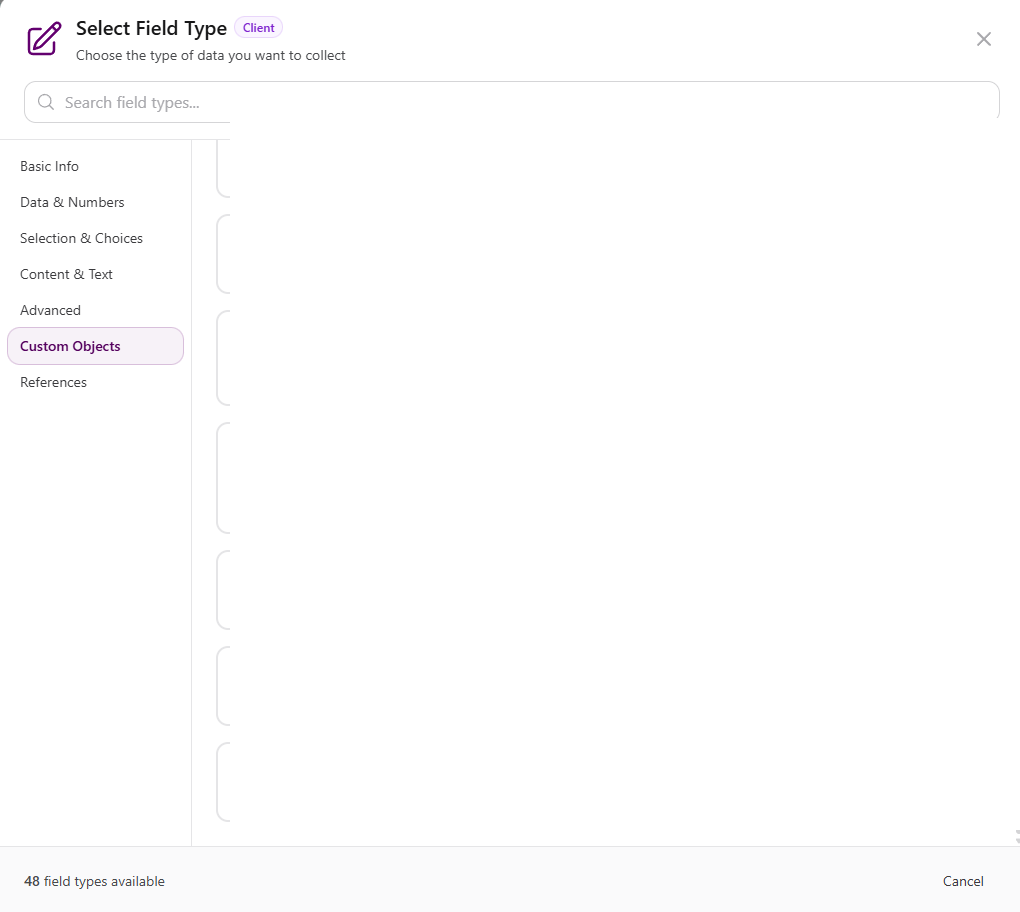 Select Field Type modal with Custom Objects category selected in the field type list