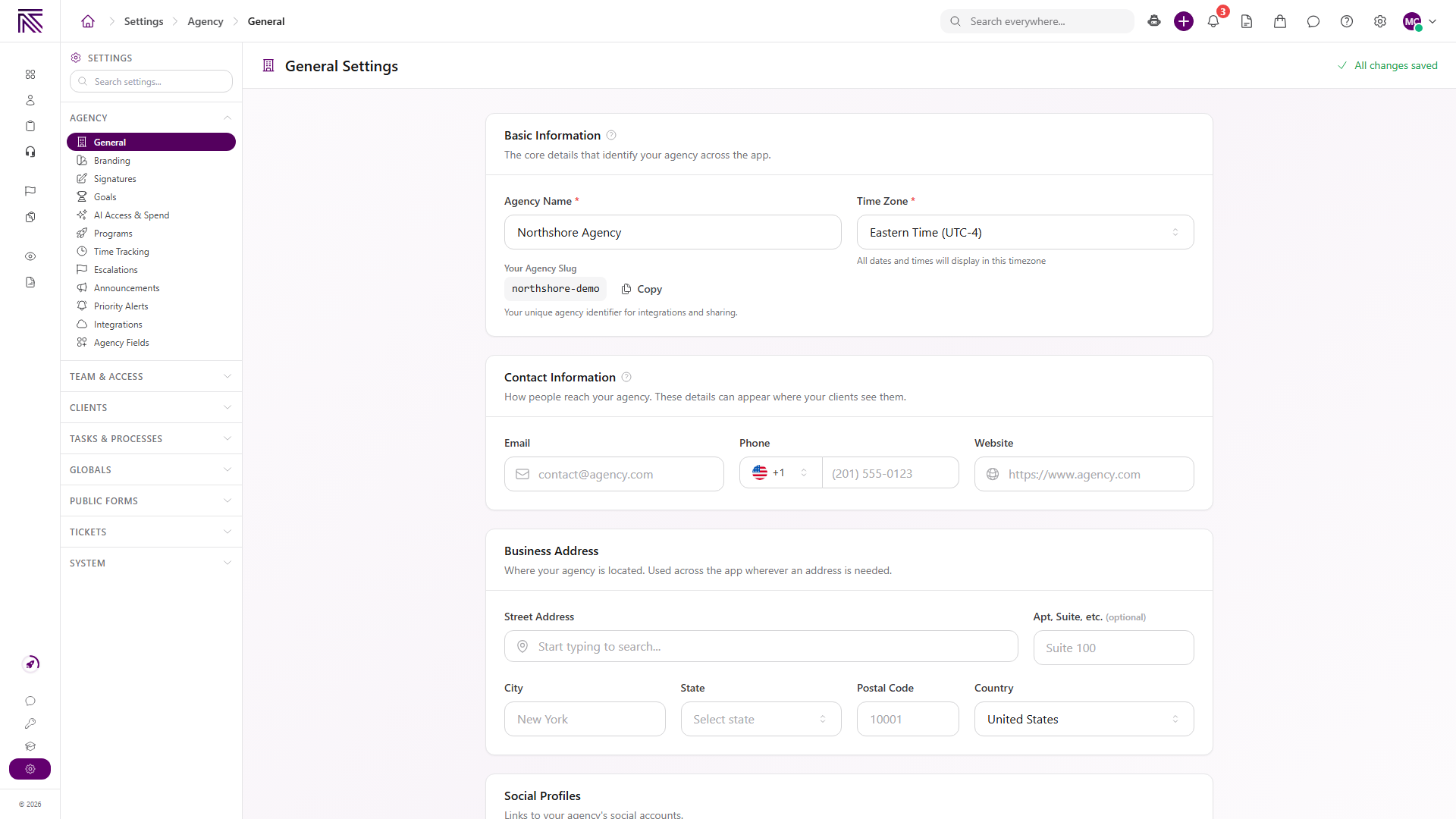 Settings open on Agency General with Search settings and Agency, Team and Access, Clients, Tasks and Processes, Globals, Public Forms, Tickets, and System groups
