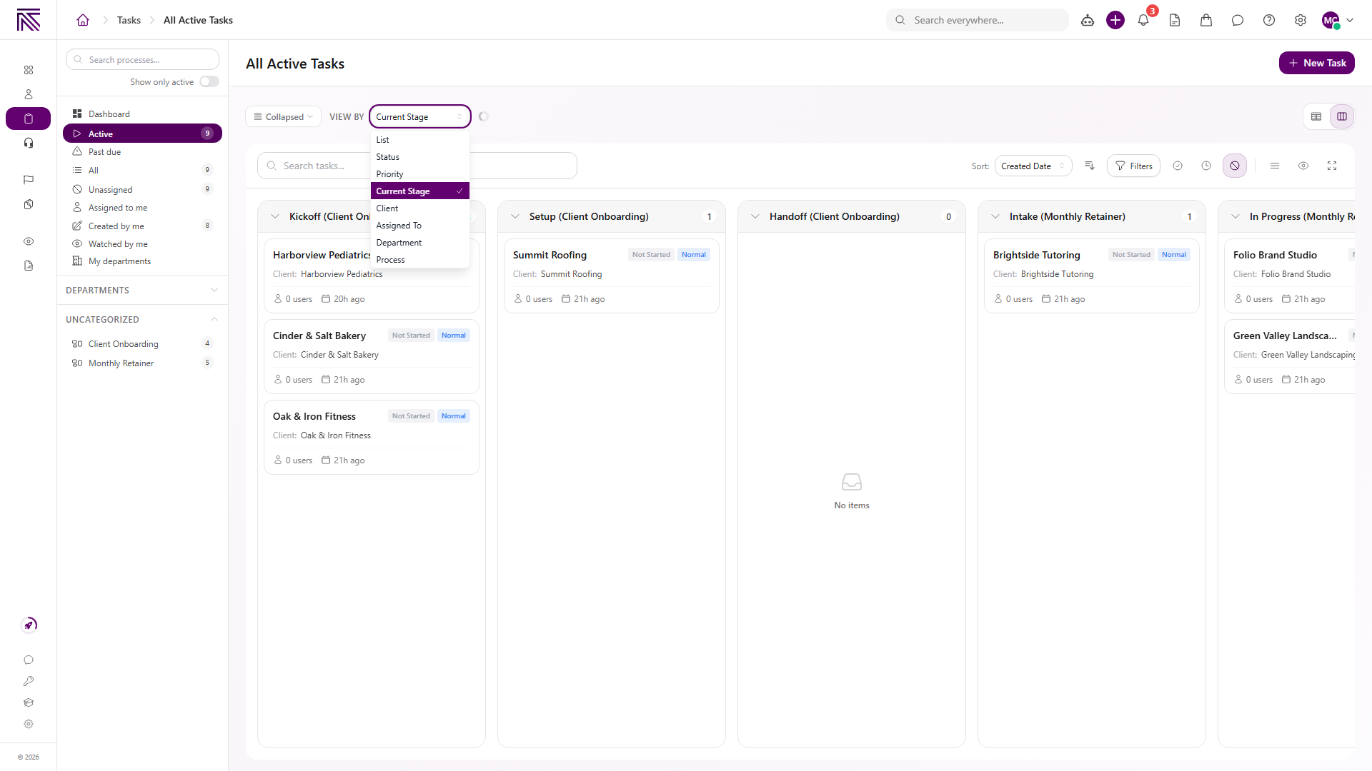Tasks in Board View grouped by Current Stage