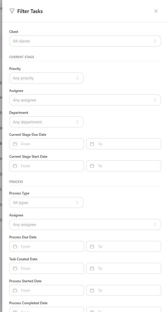 Filter Tasks drawer with current-stage status, assignee, department, stage, and date filters plus process-level filters