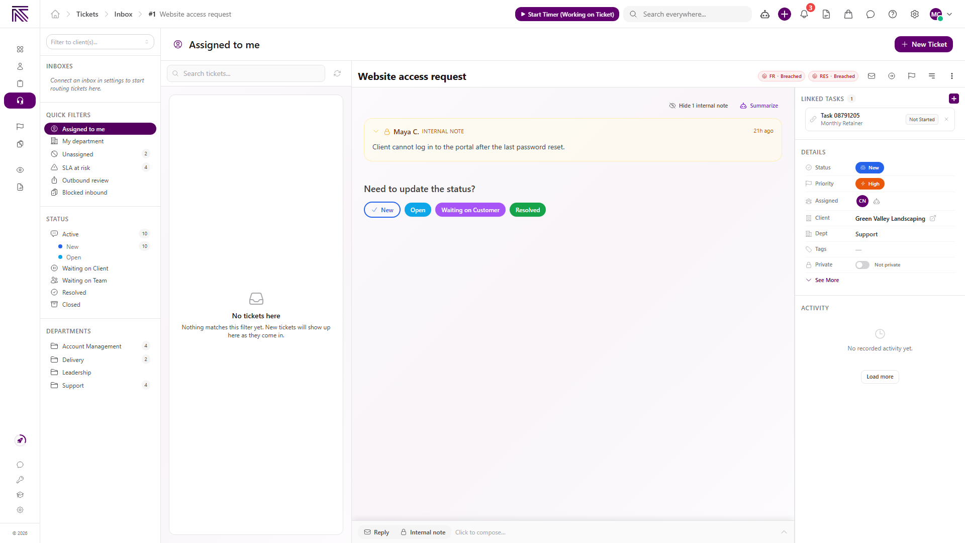 Ticket conversation showing an amber internal note that is visible to the agency team and not sent to the customer