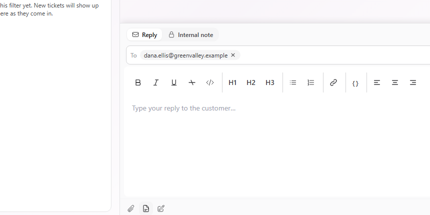 Ticket reply composer with a recipient, formatting controls, a drafted response, Enhance with AI, and Send controls