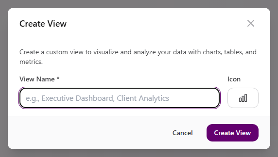 Create View dialog with a required View Name field, icon picker, and Create View button