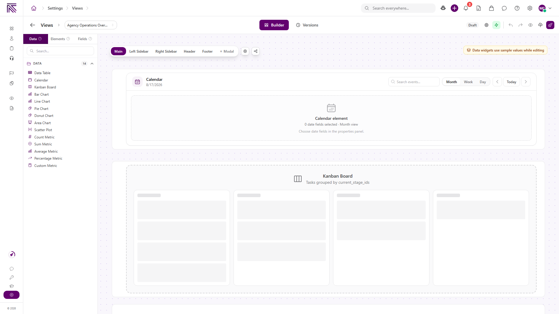 View builder with the Data palette listing Data Table, Calendar, Kanban Board, chart types, and metric types
