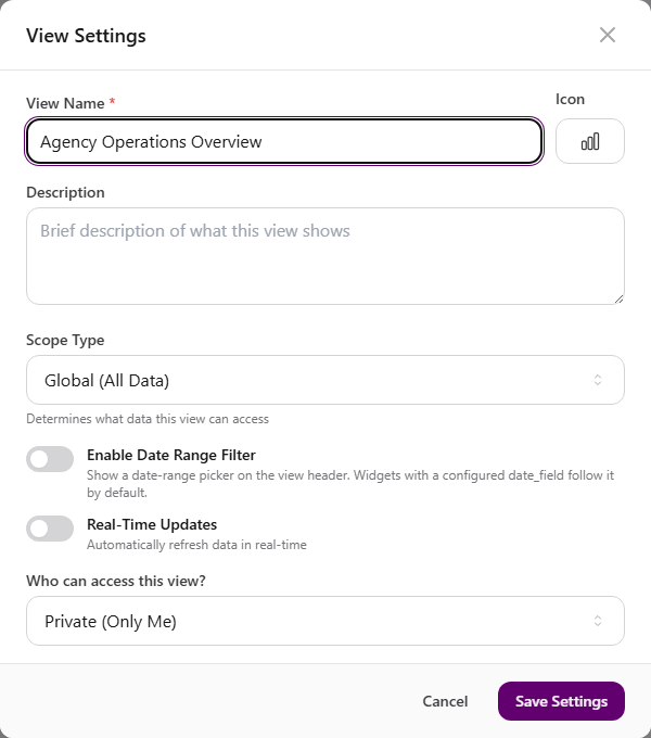 View Settings dialog with name, icon, description, scope, date range, real-time updates, visibility, and Save Settings